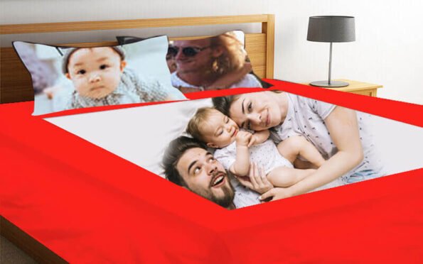 Buy Red 2 Cover Photo Print Double Cover | Customized Own Design Queen Size | Cotton Elastic Fitted Bedsheet For Gift