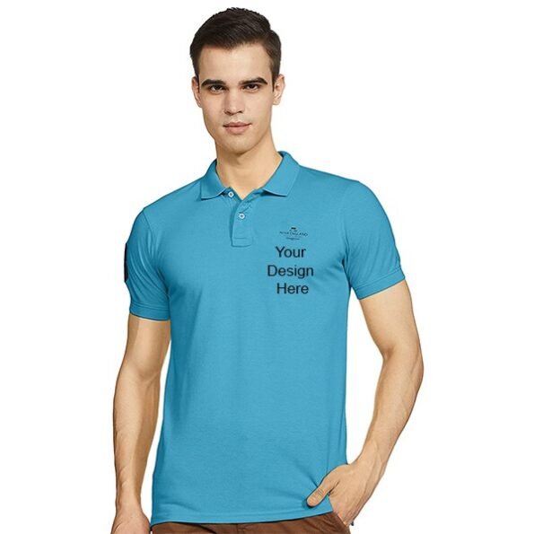 Buy Aqua Blue Customized Polo T-Shirts | Men’s Collar Neck Short Sleeve | Logo Printed Cotton Shirt