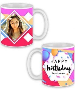 Buy Happy Birthday Hexagon Design Custom White | Dual Tone Printed Both Side | Ceramic Coffee Mug For Gift
