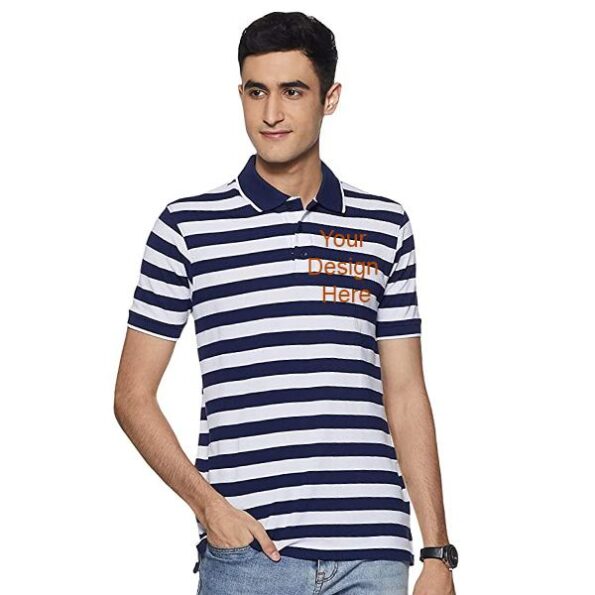 Buy Blue White Customized | Striped Regular Fit Polo T-Shirt | Stylist Stripe Shirt For Men