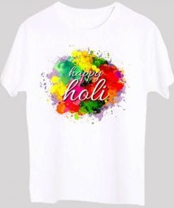 Buy Happy Holi Design T-shirt | White Customized Short Sleeve | Men’s Printed Shirt