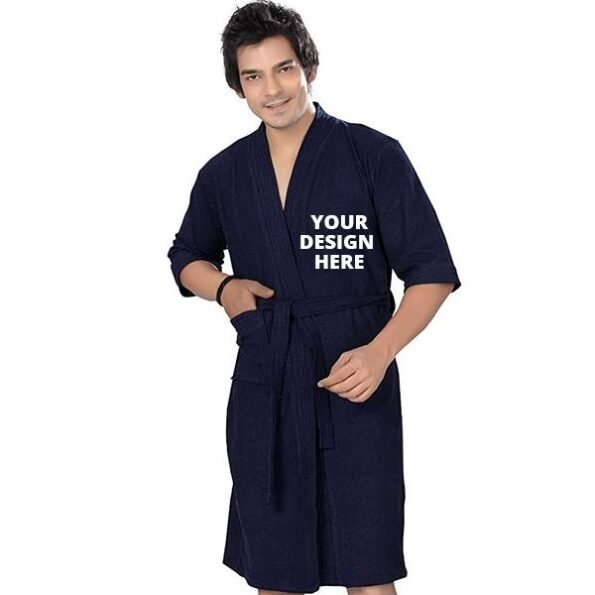 Buy Navy Blue Men Fuzzy Robe Unisex Bathrobe | Half Sleeve Customized Cotton | Hooded Set For Hotel Spa