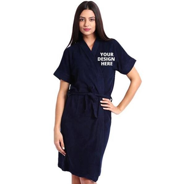 Buy Navy Blue Superior Fuzzy Robe U Bathrobe | Half Sleeve Customized Cotton | Hooded Set For Hotel Spa
