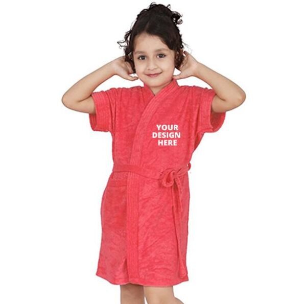 Buy Peach Kids Long Fuzzy Robe Unisex Bathrobe | Half Sleeve Customized Cotton | Hooded Set For Hotel Spa