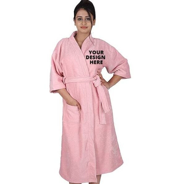 Buy Light Pink Long Fuzzy Unisex Bathrobe | Half Sleeve Customized Cotton | Hooded Set For Hotel Spa