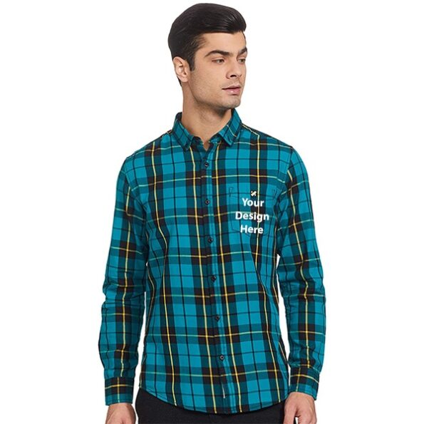 Buy Custom Blue Mens Checkered | Full Sleeve Collar Neck | Regular Fit Slim Shirt