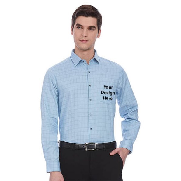 Design Your Own Checkered | Light Blue Men’s Causal | Customized Slim Shirt