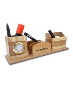 Buy Custom Name Design Wooden Pencil Holder | W Golden Analog Watch | Table Stand For Office / Student Use