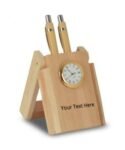 Buy Custom Name Design Wooden 2 Pen Stand | W Golden Analog Watch | Table Stand For Office / Student Use