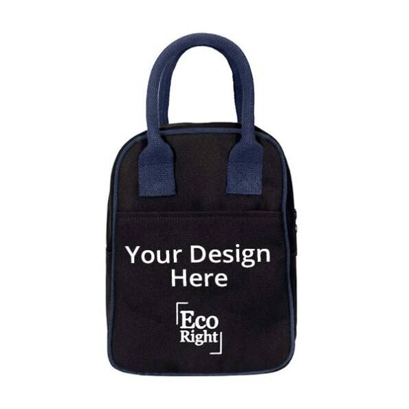 Buy Printed Logo Black Blue Zipper Lunch Box | Leak Proof Stainless Steel | Insulated Fabric Carry Bag