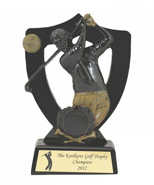 Buy Black Men Golf Wooden Base Gold Trophies | Customized Own Engraved Design | Best Award For Competition Tournaments