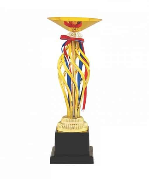 Buy Gold Colorful Ribbon Wooden Base Trophies | Customized Own Engraved Design | Best Award For Competition Tournaments