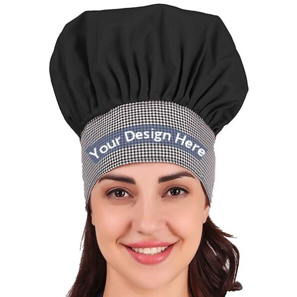 Buy Black Custom Women Chef Hat | Solid Fabric Printed Adjustable | Cap For Home A Hotel