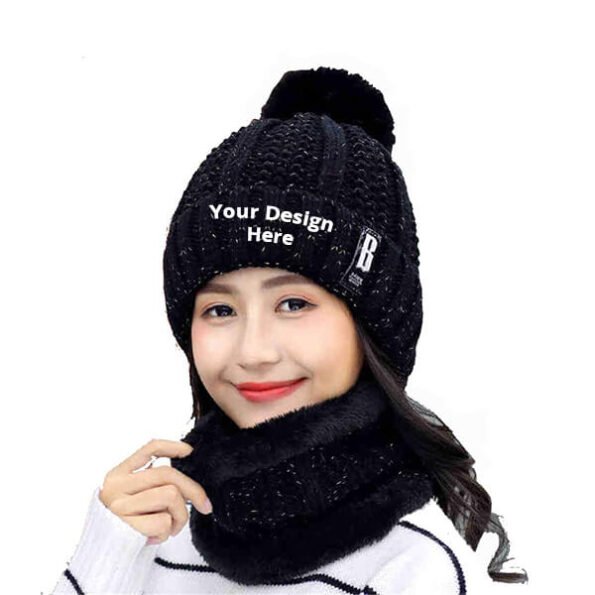 Buy Custom Black Woolen Fur Neck Scarf Cap | Printed And Embroidery Design | Adjustable Fit For Women