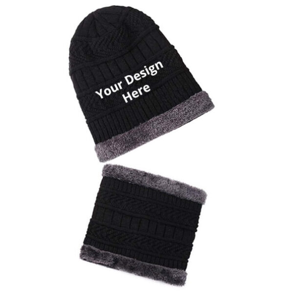 Buy Black Custom Beanie Cap W Neck Muffler | Printed And Embroidery Design | Winter Combo Set For Unisex